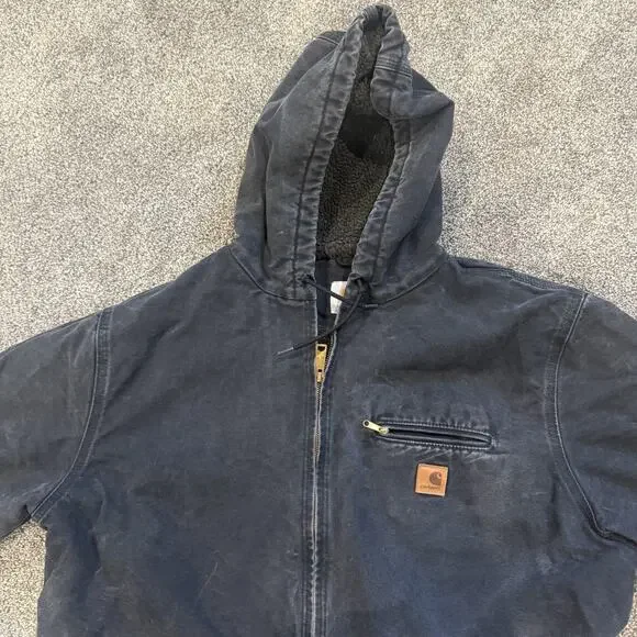 Y2K Distressed Carhartt J141 Black Men's Canvas Sherpa Lined Hooded Work Coat XL - Picture 9 of 10